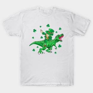 St Patrick's Day Dabbing Leprechaun Dinosaur Shamrock T-Shirt